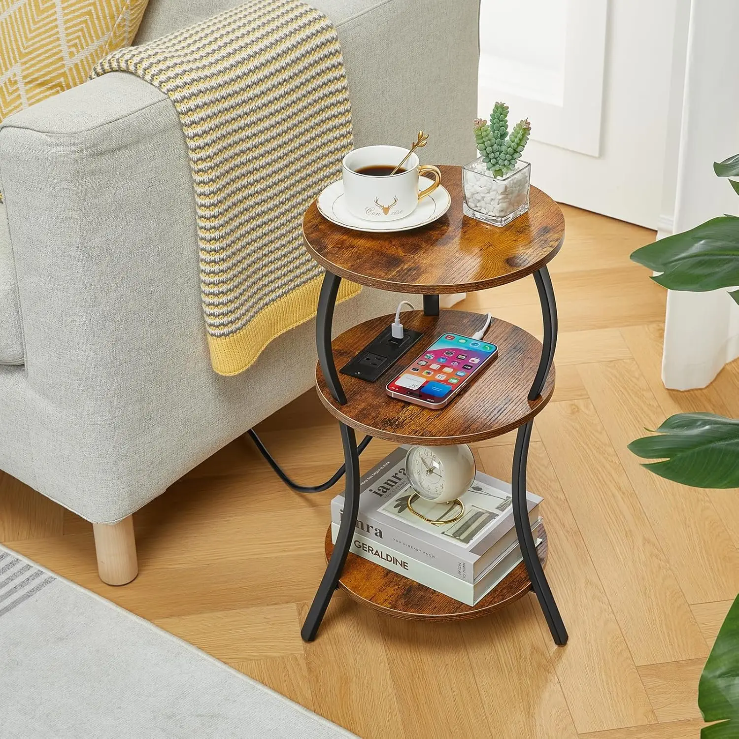 Small Round Side Table with Charging Station, 3-Tier Waist Circular End Table with Storage Shelf