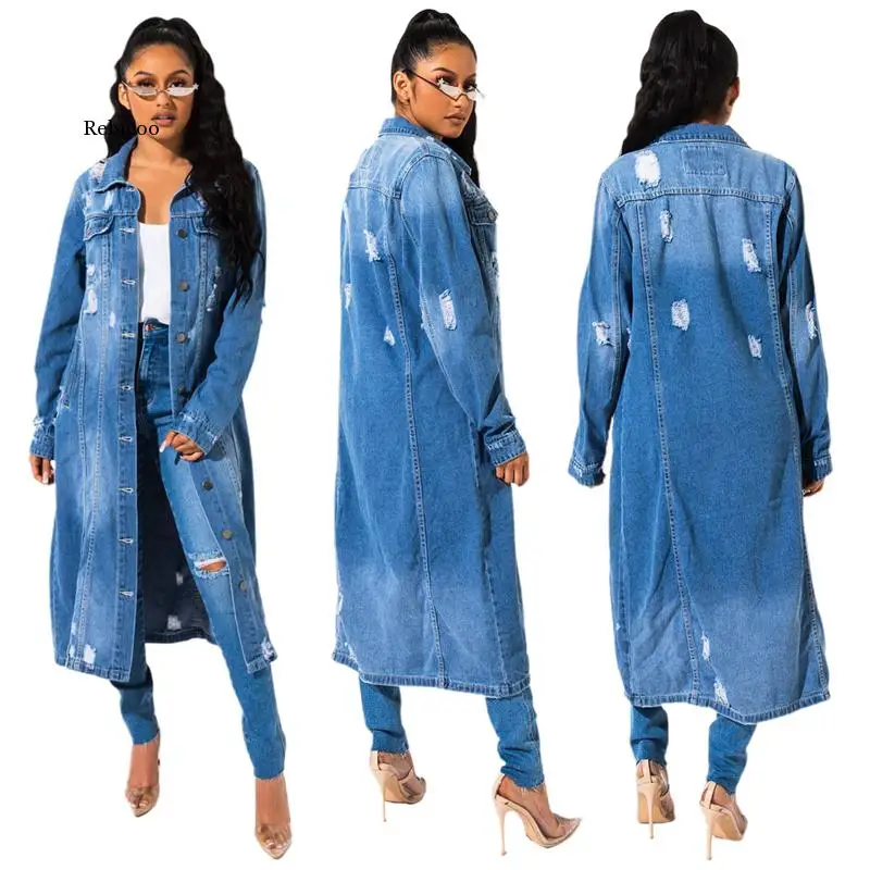 

2021 Autnmn Winter New Arrival Fashion Hole Cotton Long Denim Jacket Trench Coat Cardigan Jeans Cape Women Long Sleeve Coat