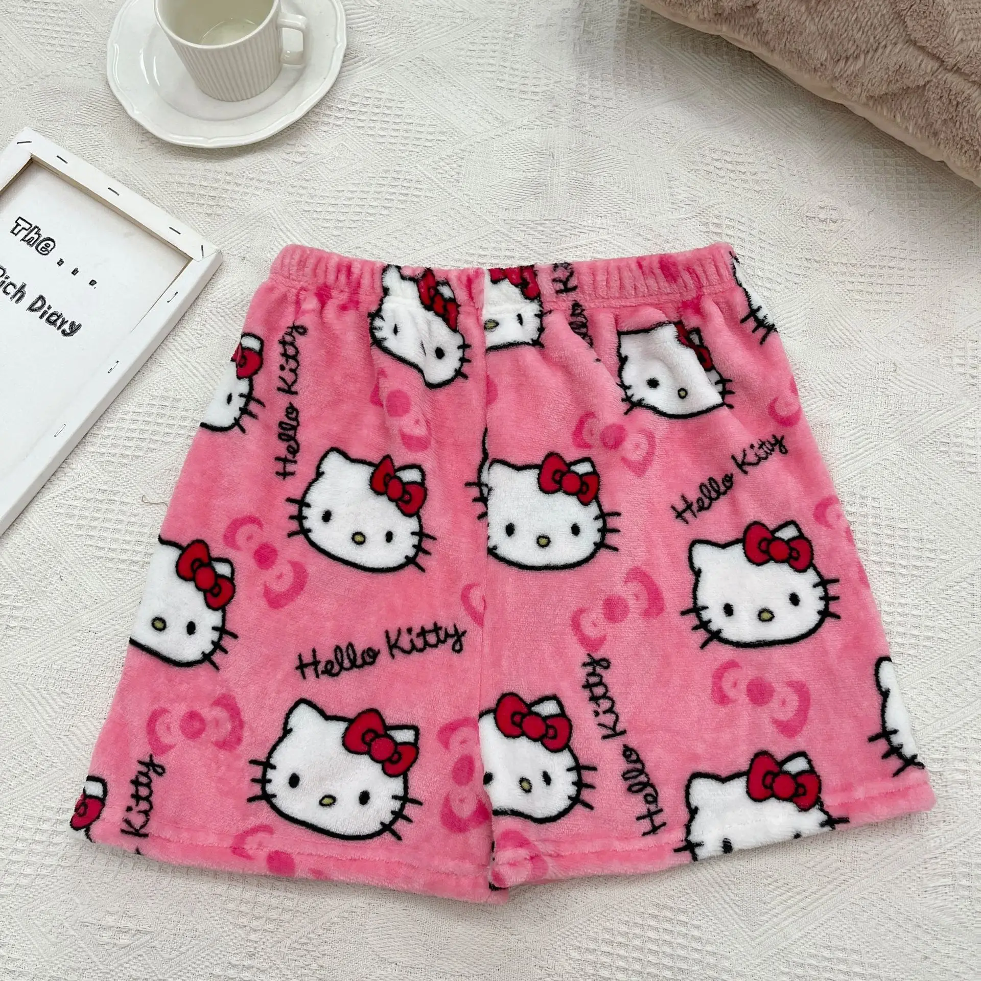 Kawaii Sanrio Hello Kitty Pajamas Pants Y2K Cartoon Black Cute Women Soft Plush Thickening Trousers Clothes Female Casual Pants