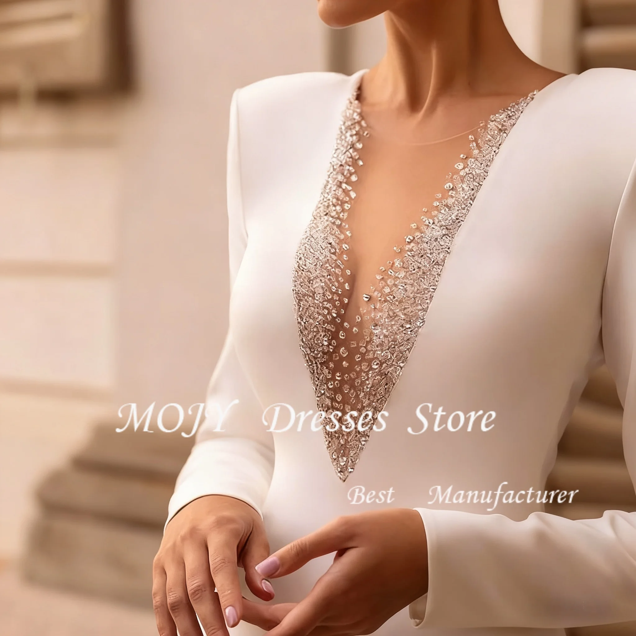 ชุดแต่งงานโมจี้แบบสั่งตัด ผ้าซาตินทรงเมอร์เมด ชุดเจ้าสาวแบบคลุมยาว คอวีลึก ชุดแต่งงานแบบยาวถึงพื้น