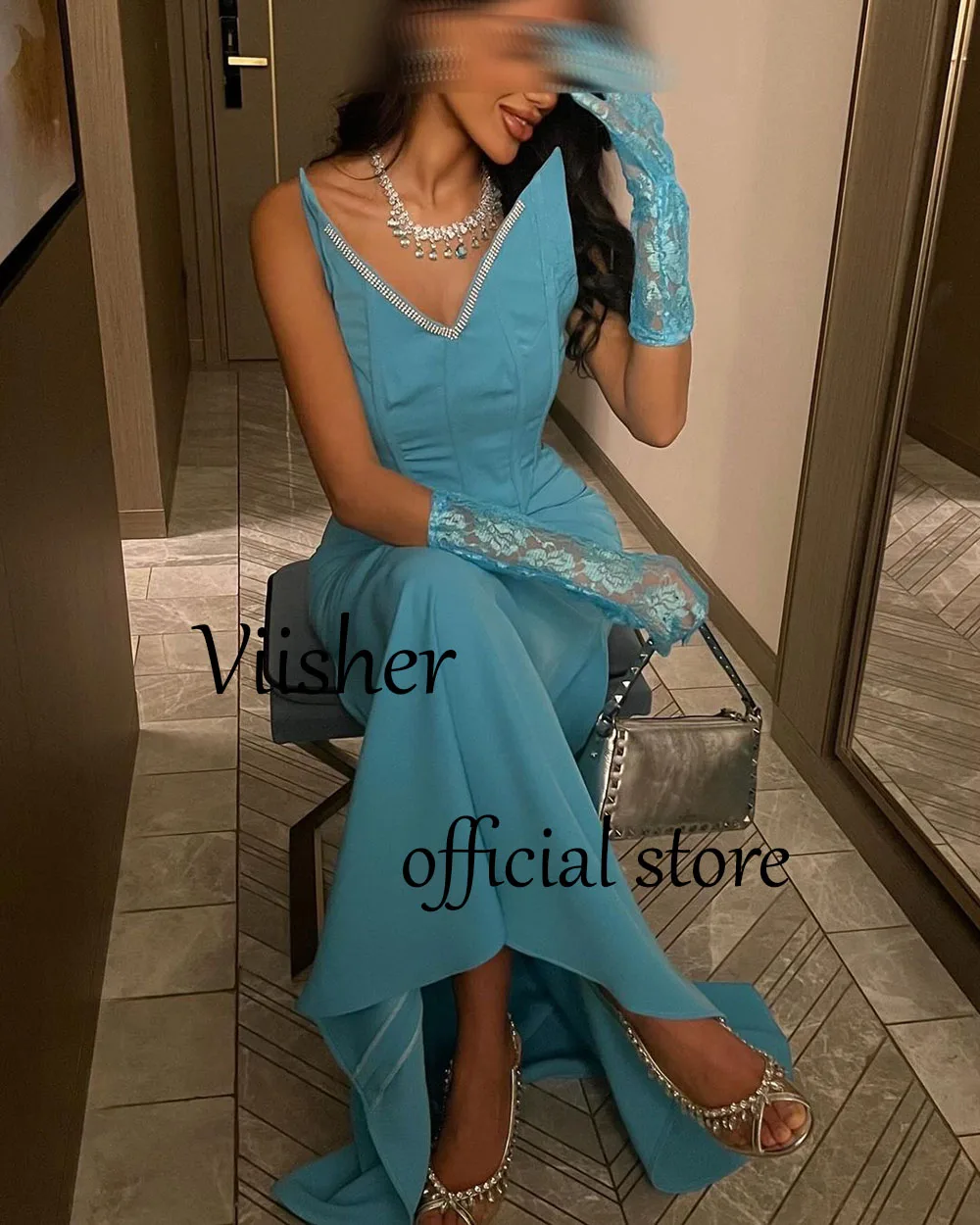 

Viisher Blue Satin Mermaid Evening Prom Dresses with Sleeve Strapless Formal Dress Arabian Dubai Occasion Event Gown 2024