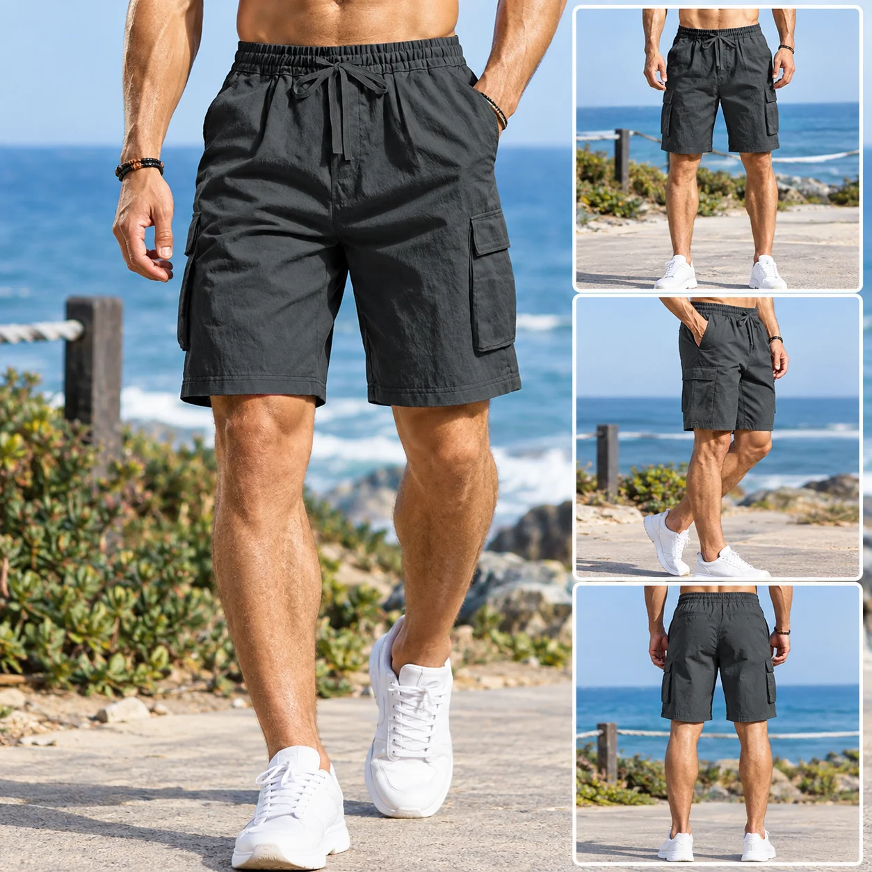 Men's Solid Color Cargo Shorts Summer Casual Drawstring Multi Pocket Shorts Beach Vacation Loose Fit Bermuda Shorts for Men