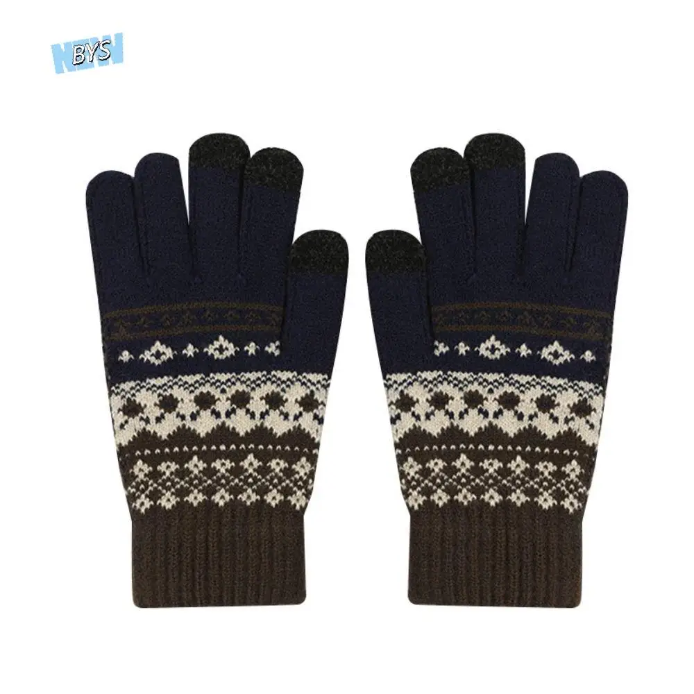 

Warm Thick Knitted Gloves Driving Gloves Solid Color Ethnic Style Gloves Velvet Touchscreen Men Wool Mittens Student