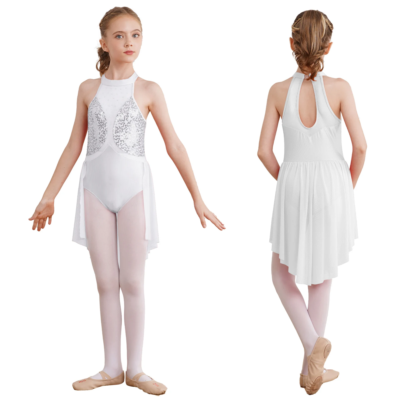 

Kids Girls Lyrical Dance Dress Sleeveless Sparkly Sequins Sheer Mesh Patchwork Leotard Dresses for Gymnastics Figure Ice Skating