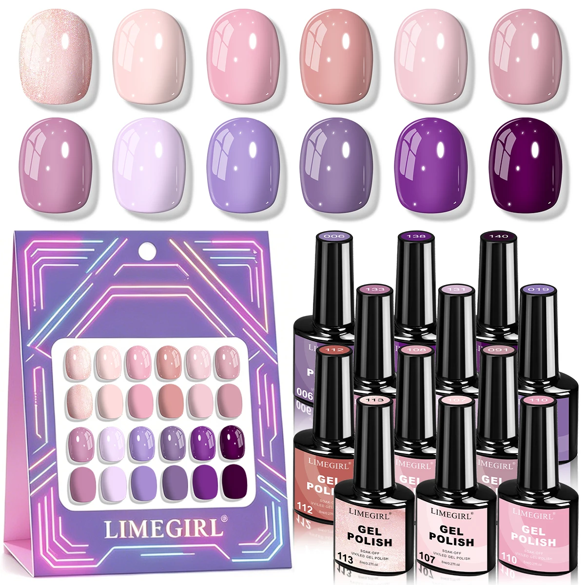 LIMEGIRL 12Pcs/Set Gel Nail Polish Kit Purple Series Gel UV LED Soak Semi-Permanent Gel Varn Nail Polish Nail Art Design Gel Set
