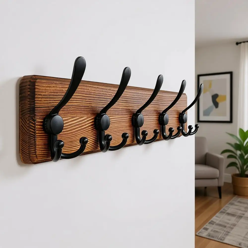 

Деревянная настенная вешалка для одежды на 6 крючков, 24 дюйма, усиленная, натурального и черного цвета