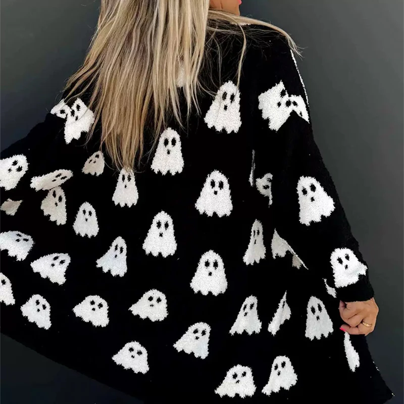 

Повседневный свободный женский свитер, куртка на Хэллоуин, уличный стиль, призрак, вязаный кардиган средней длины