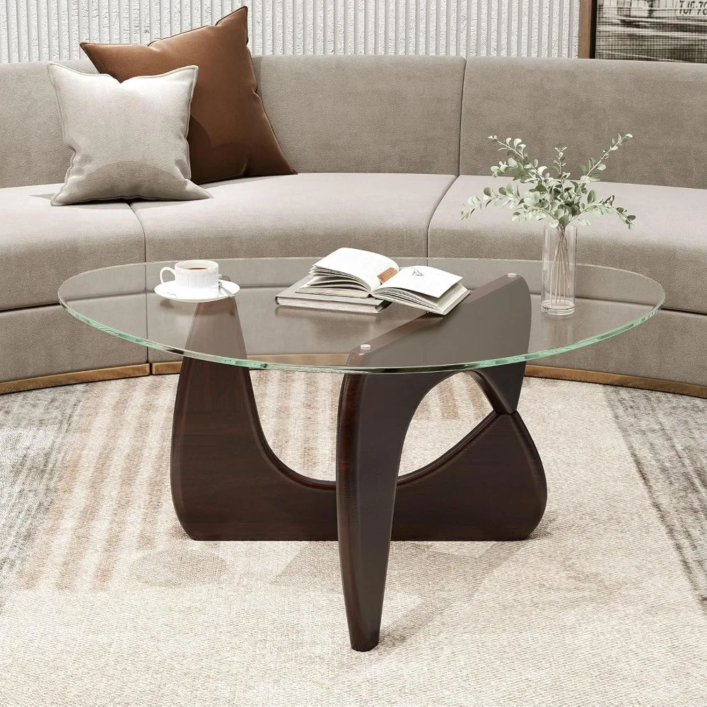 

Coffee Table, Mid-Century Modern Center Table with Tempered Glass Top & Adjustable Rubber Wood Base, Small Coffe