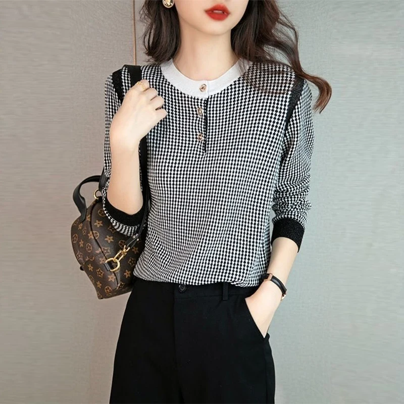 Autumn Winter New Vintage Houndstooth Print Simple Sweater Lady Elegant Fashion Korean Style Pullover All-match Casual Top Women