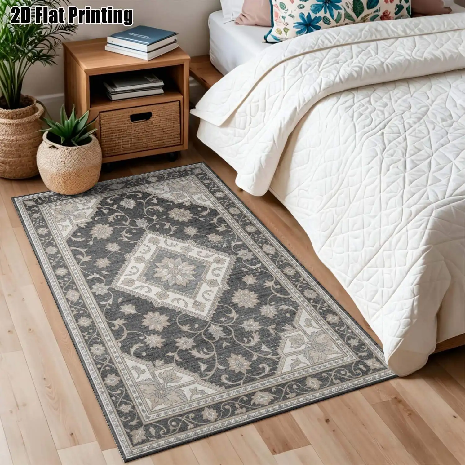 1Pc 2D Printed Carpet: Gray-Toned Floral & Geometric Patterns, Vintage/European/Nordic Style, Machine Washable, Multiple Sizes, Ideal for Living Room, Bedroom, Dining Room, Entryway, Study Home Decor