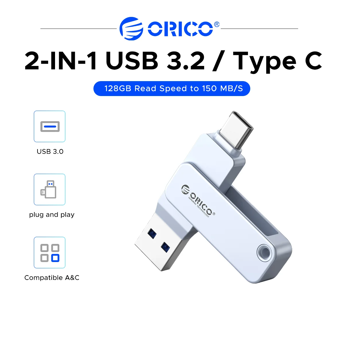 ORICO 128GB USB3.2 Dual OTG Flash Drive, USB A & Type C 2-in-1 Portable Storage Stick for Android MacBook