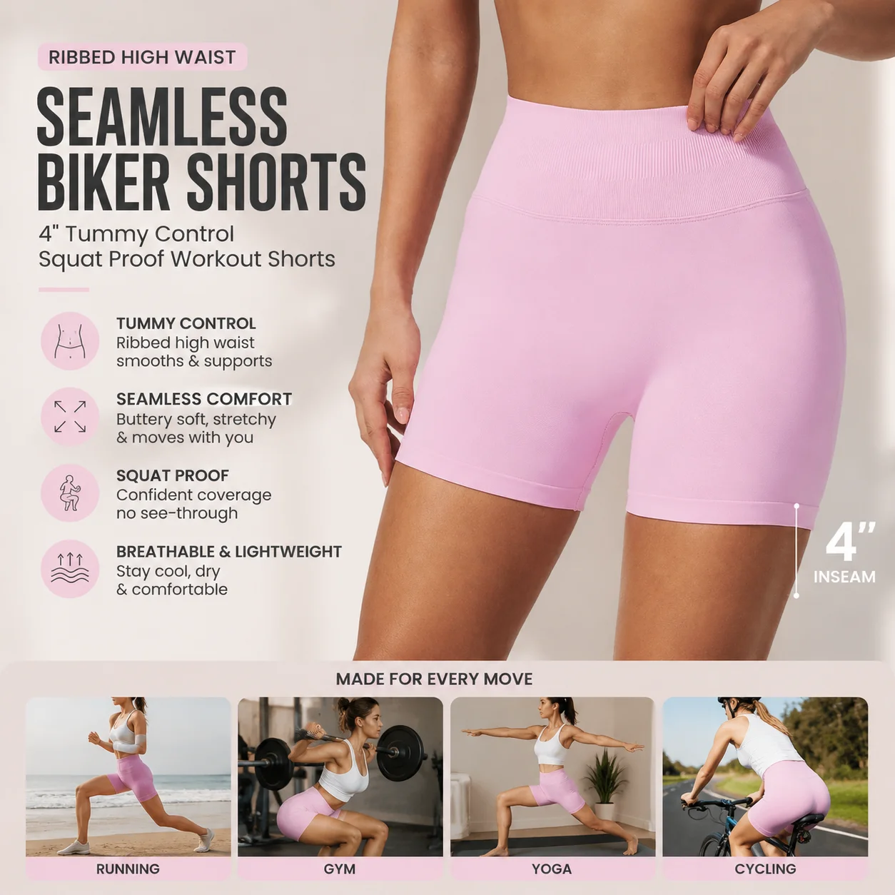Women's High-Waist Seamless Biker Shorts with Ribbed Waistband Tummy Control Yoga Shorts Squat-Proof Compression Gym Bottoms