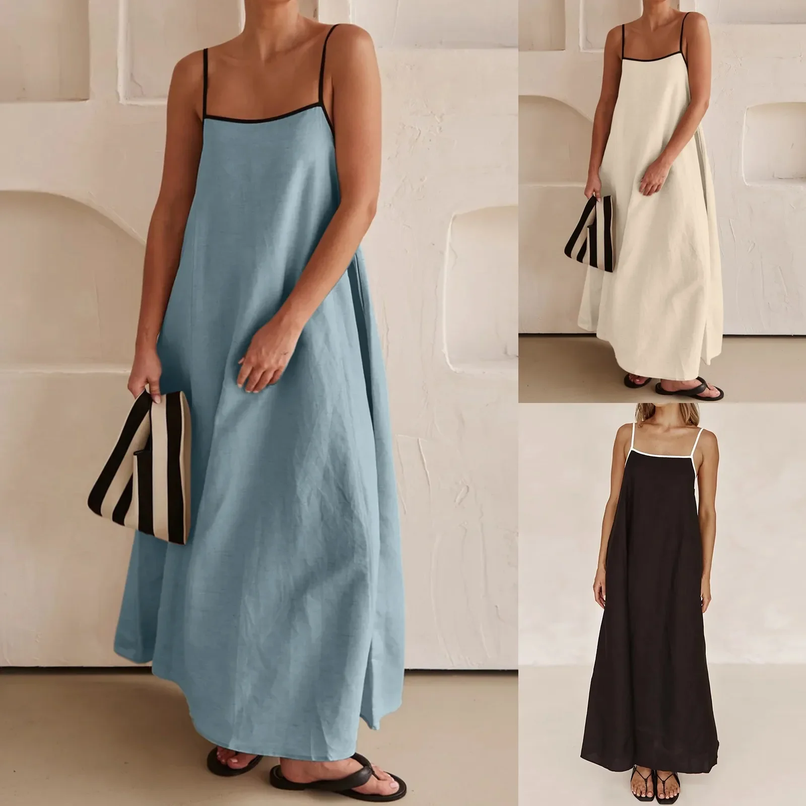 

Women's Fashion Color Contrast Halter Swing Dress Lady Sexy Backless Sleeveless Dresses 2024 Female Fashion Street Vetsidos