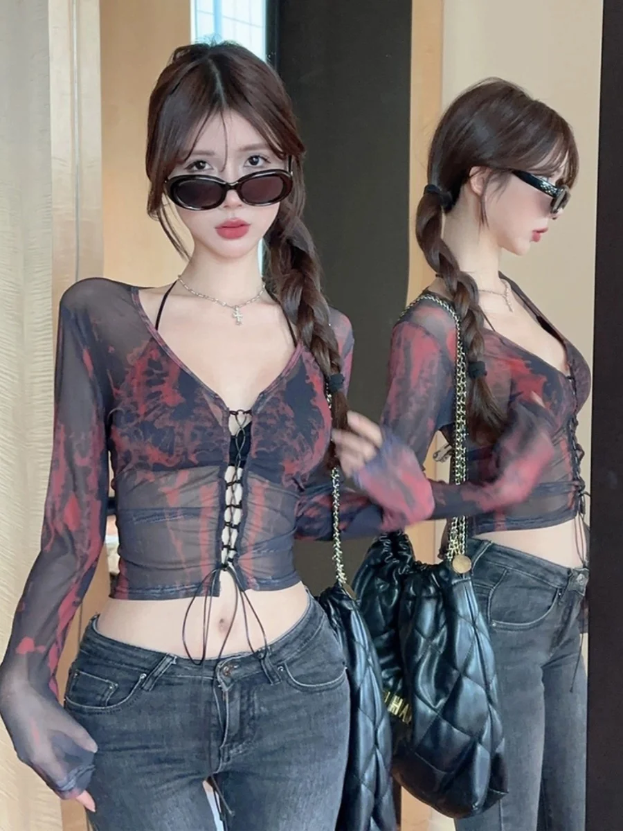 Seksowny kardigan damski z nadrukiem tie-dye w kropki, odkrywający brzuch, idealny na wiosnę, dopasowany, wyszczuplający, długi...