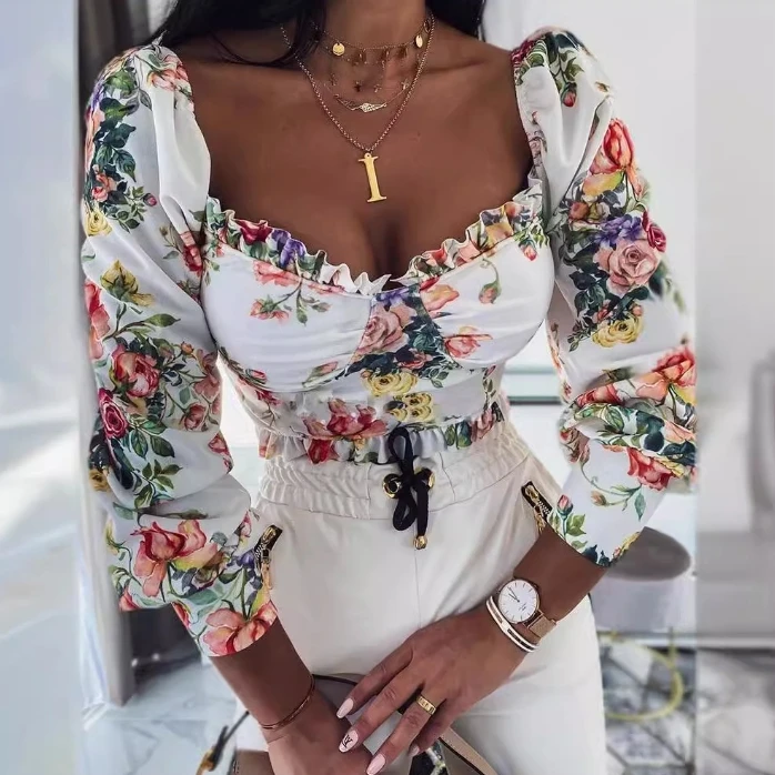 

Casual Style Blouses Women Elasticity Printed Square Neck Summer Tee Woman Clothes Spring Top Sexy Female Long Sleeve Crop Tops