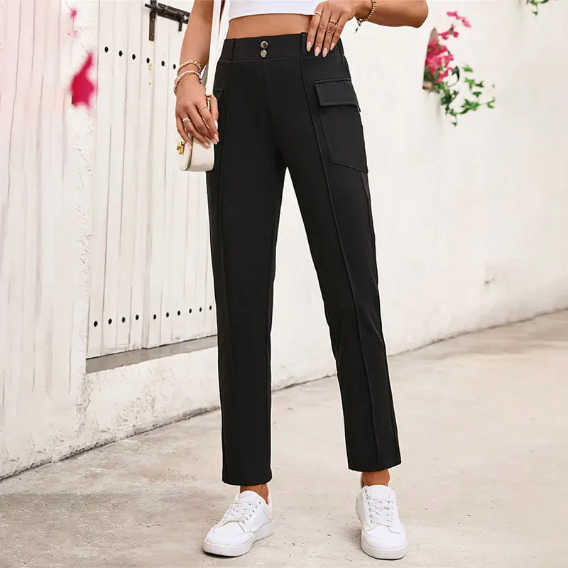 High-waisted Knitted 1240；buttone D.124；post Pocket Straight-leg Pants, Slim-fit Random Pantsfor Women, Long Pantsfor Commuting
