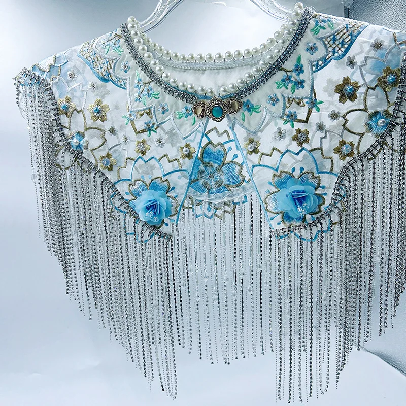 Women's Spring Summer Pearl Beaded Diamonds Tassel Pashmina Female Embroidery Chinese Vintage Shawl Cloak Collar R2514