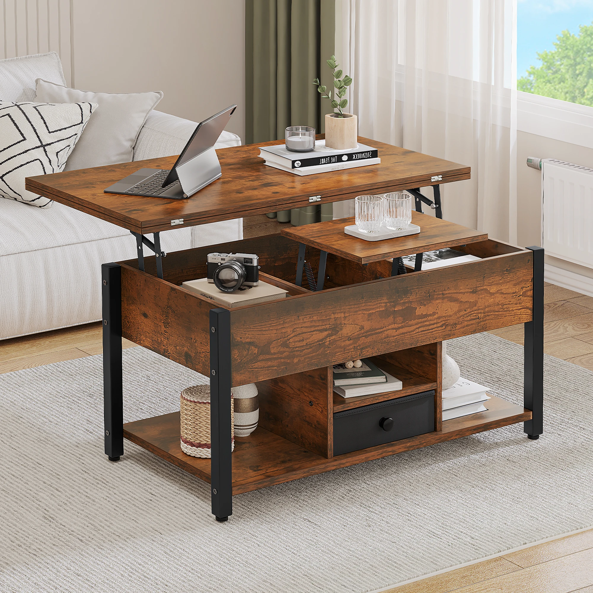 YITAHOME Table basse 4 en 1 avec plateau relevable – Table à manger convertible avec tiroirs de rangement pour le salon