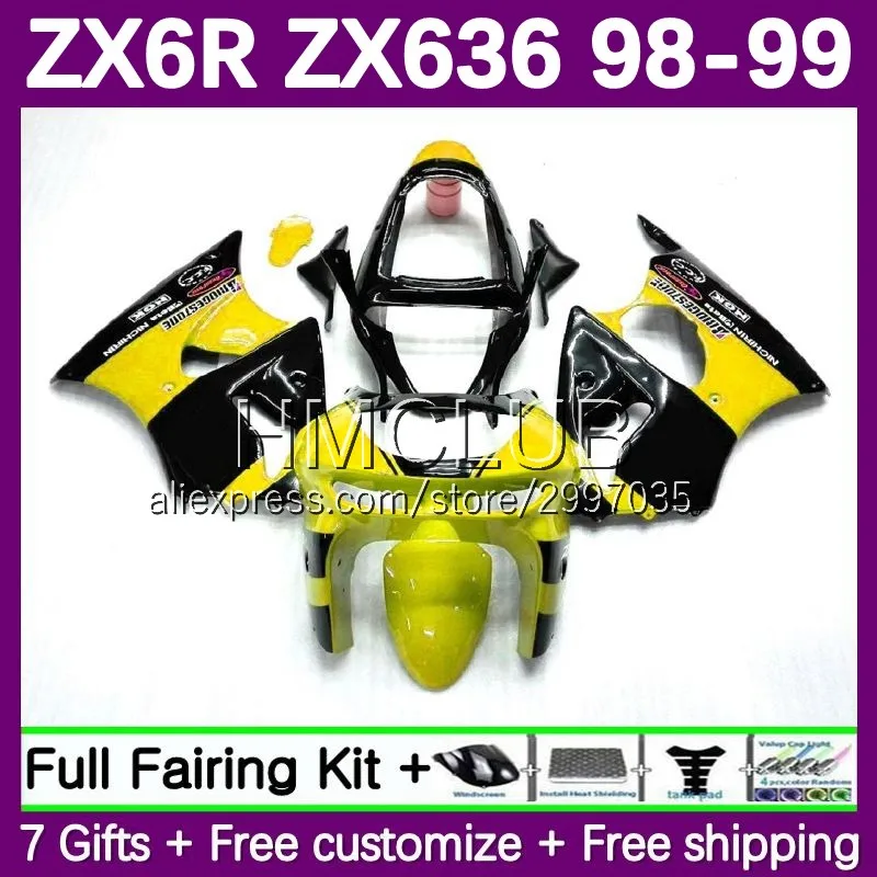 Fairing For KAWASAKI NINJA ZX-6R ZX636 ZX 6R 636 6 R ZX6R 98 99 96No.22 ZX-636 ZX 600 CC 600CC ZX600 1998 1999 Body Yellow Black