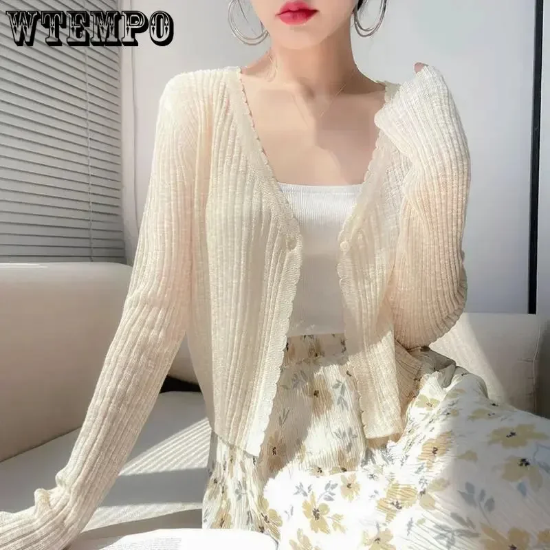 WTEMPO Ice Silk Knitted Sunscreen Cardigans Women\'s New Summer Thin Shawls Button Smock Solid Short Air Conditioned Shirts Coats