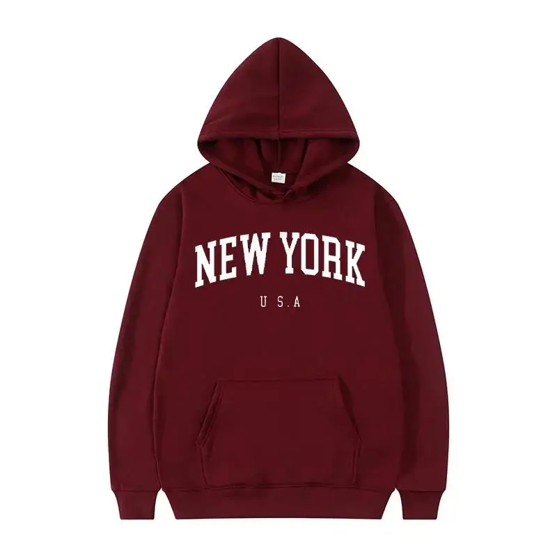 NEW YORK Letter U.S.A City Print Hoody Men Fashion Casual Long Sleeves Hooded Loose Oversize Pullover Hoodie Street Sweatshirt