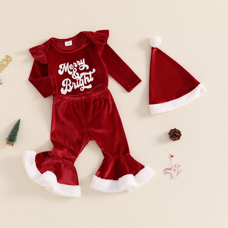 Baby Girl Christmas Velvet Outfit Letter Print Long Sleeve Romper with Flare Pants and Hat 3 Pcs Set