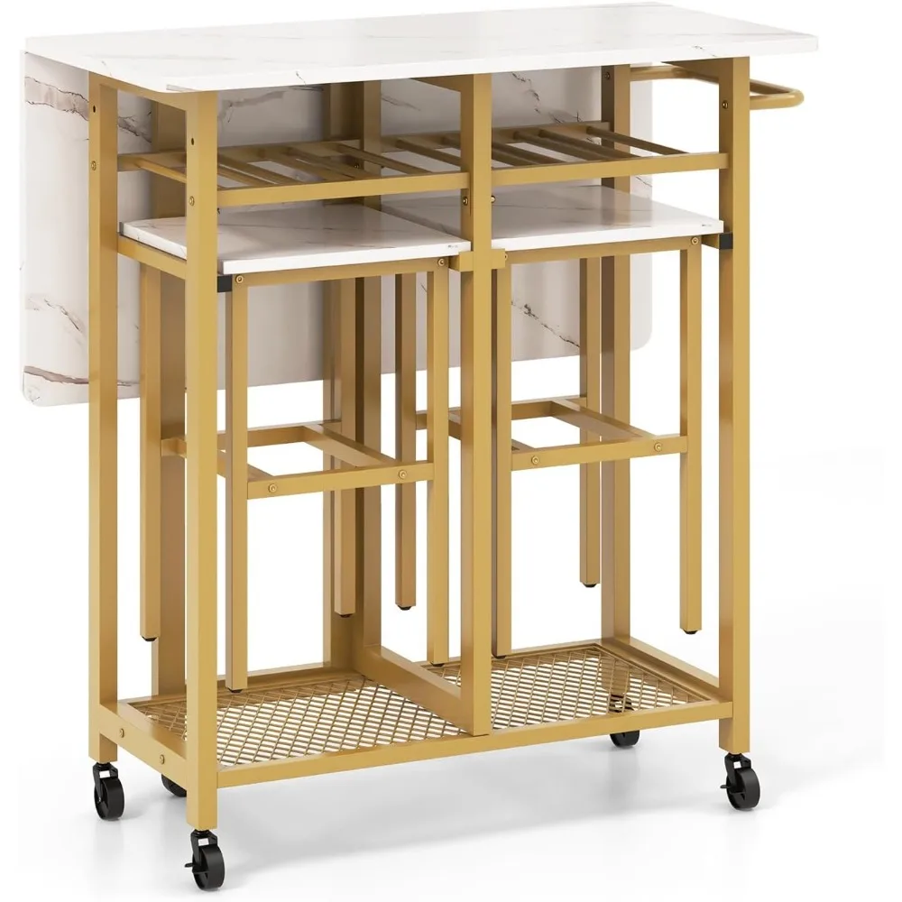 

3-Piece Foldable Dining Table Set, Extendable Dining Table & 2 Stools Set w/ 6-Bottle Wine Rack, Shelves & Side Pushing Handle,