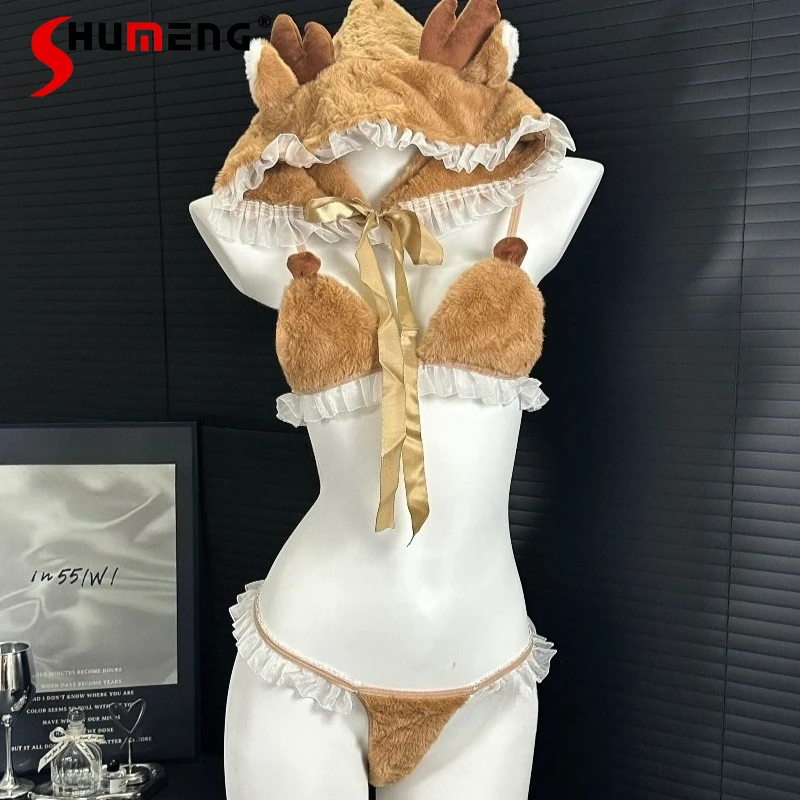 

Сексуальный милый плюшевый комплект с бюстгальтером для женщин, милое однотонное нижнее белье в японском стиле с капюшоном, одежда для сна, женское кружевное нижнее белье, короткие костюмы