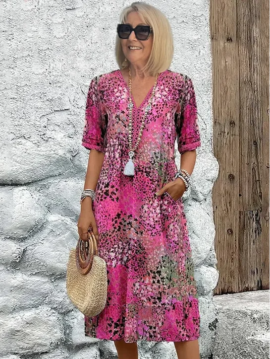 Vintage midi vestidos para mulher 2025 estilo boho floral impressão solta vestido longo casual manga curta com decote em v vestido robe femme