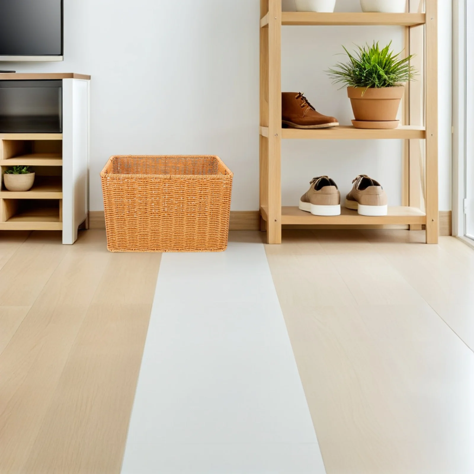 

Narrow Rectangular Storage Basket Faux Rattan Woven Design for Cabinet Gap Corner Organization Decorative Bin for Kitchen