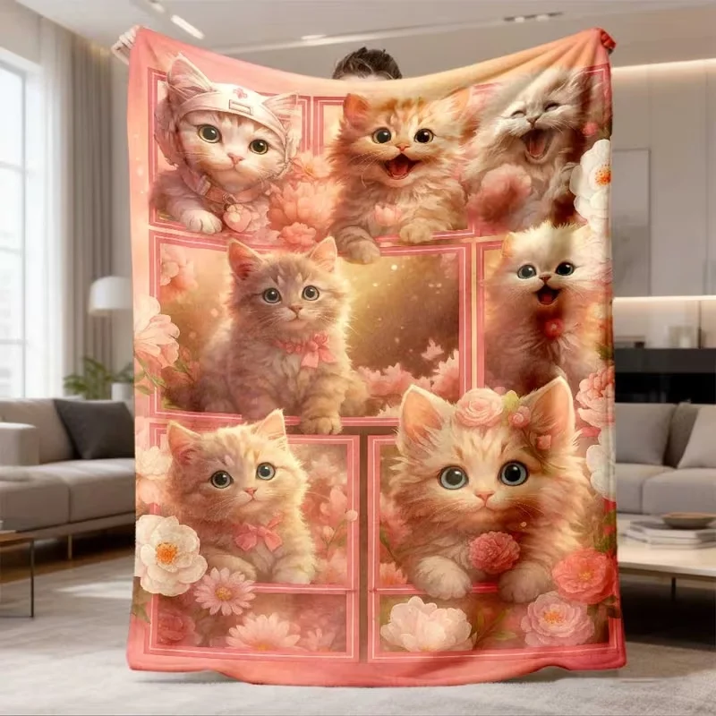 Pink Kawaii Cats Flannel Blanket Cute Kitten Peony Flower Fleece Blanket Soft Warm Fleece Throw Blankets For Girls Bedroom