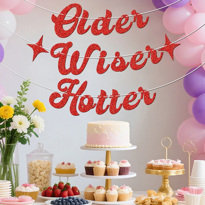 YOMDID Glitzer-Banner „Older Wiser Hotter“ mit Sternen, Geburtstagsparty-Banner für Halloween, Weihnachten, Innen- und Außendekorationen – Detail 7