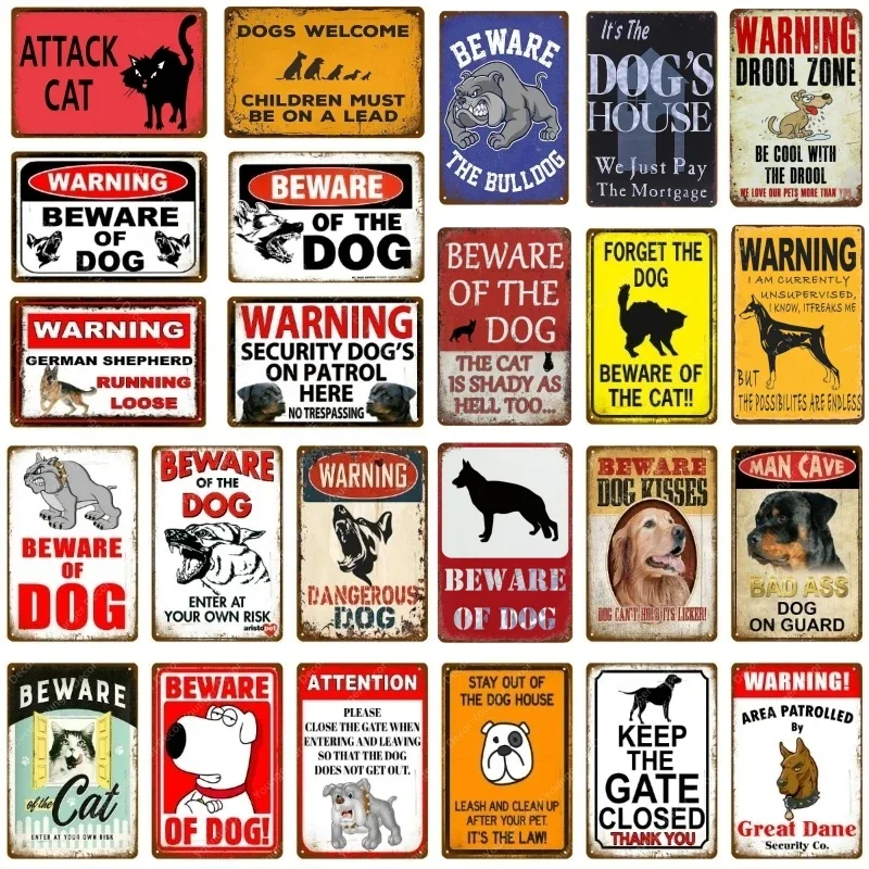 Warning Danger Metal Aluminum Signs Beware Of The Dog Cat Poster Vintage Wall Plaque Courtyard Garden Bar House Man Cave Decor