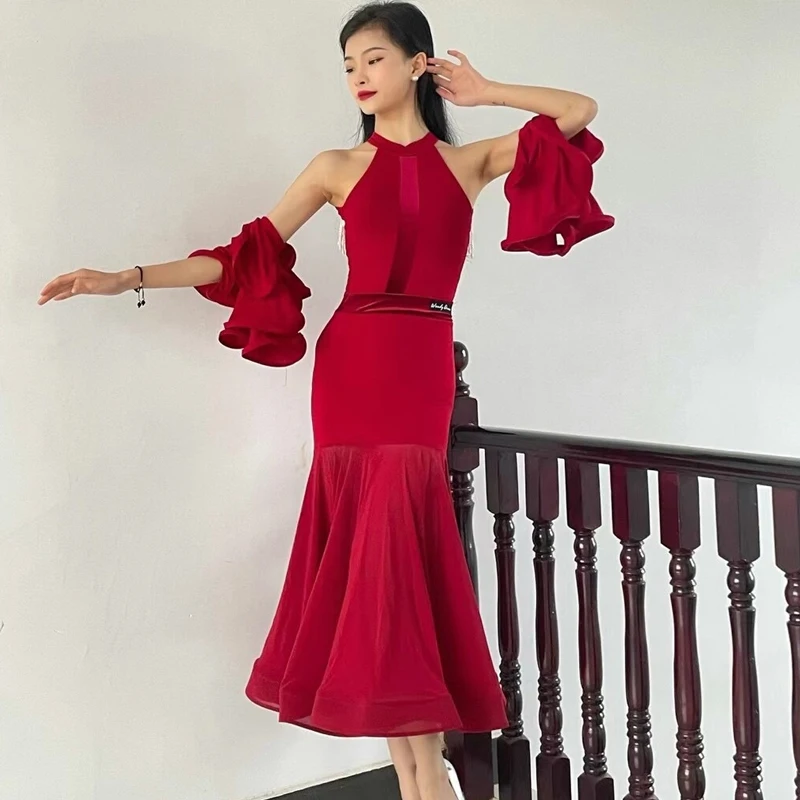 2024 Ballroom Dance Competition Dress For Women Sexy Mesh Big Swing Skirts Adult Waltz Modern Dance Performance Dress DQS15505