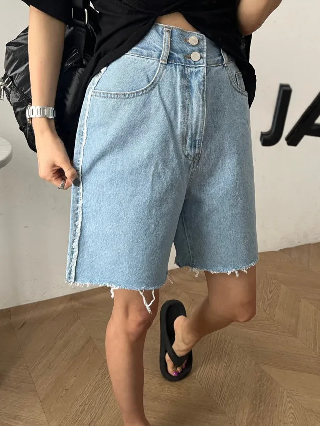 

High Waist Five Inch Jeans Women's Vintage Washed Loose Straight Leg Cool Versatile Frayed Two Button Denim Pants Summer