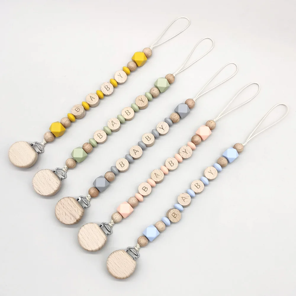 Baby Handmade DIY Personalized Name Chain Pacifier Clips Flat Wooden Beads Nipple Dummy Holder Clip Infant Feeding Teething Toy