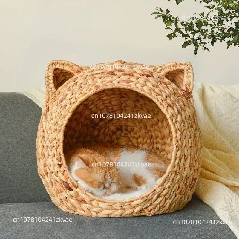 Hand Woven Cattail Cat Bed, Semi‑Enclosed Natural Cooling Pet House All Season Cat Villa