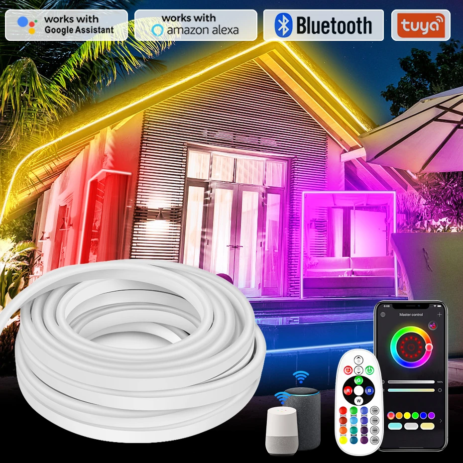 Smart Tuya Wifi 220V RGB Neon Ha Condotto La Luce 10M 30M 100M Impermeabile Bluetooth Remoto LED Neon Strip EU UK AU Spina illuminazione esterna