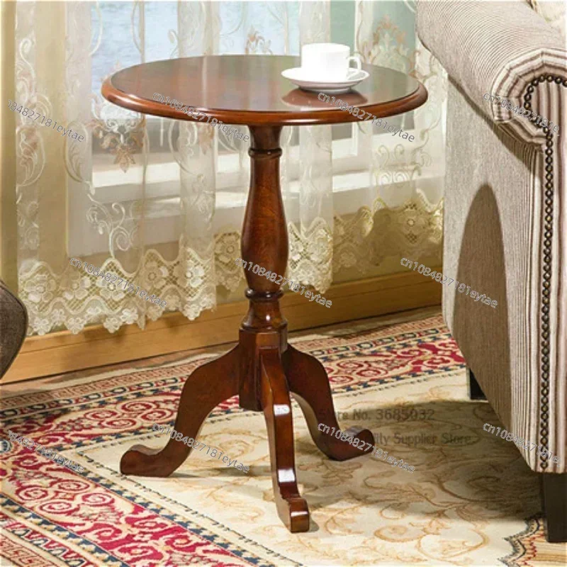 Solid Wood Round Coffee Table, Euro Style Sofa Side Corner Table with Metal Tissue Holder, Simple American Furniture
