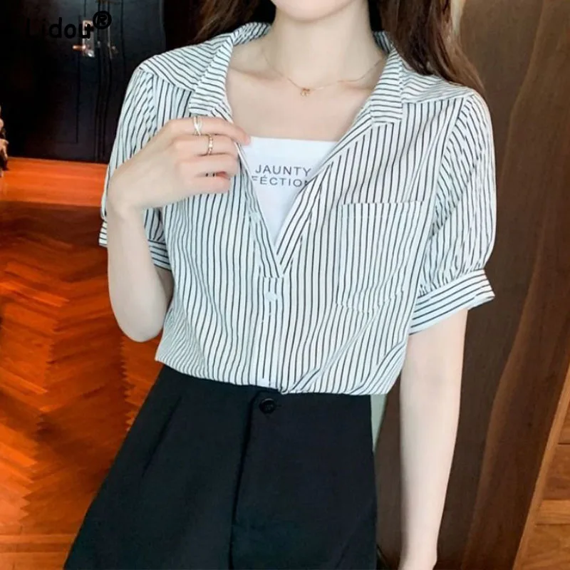 Women's Polo-Neck Short Sleeve Shirt, Elegant Fashion, All-Match Office Lady Tops, Summer Dress, Temperament, Ashion, 2024