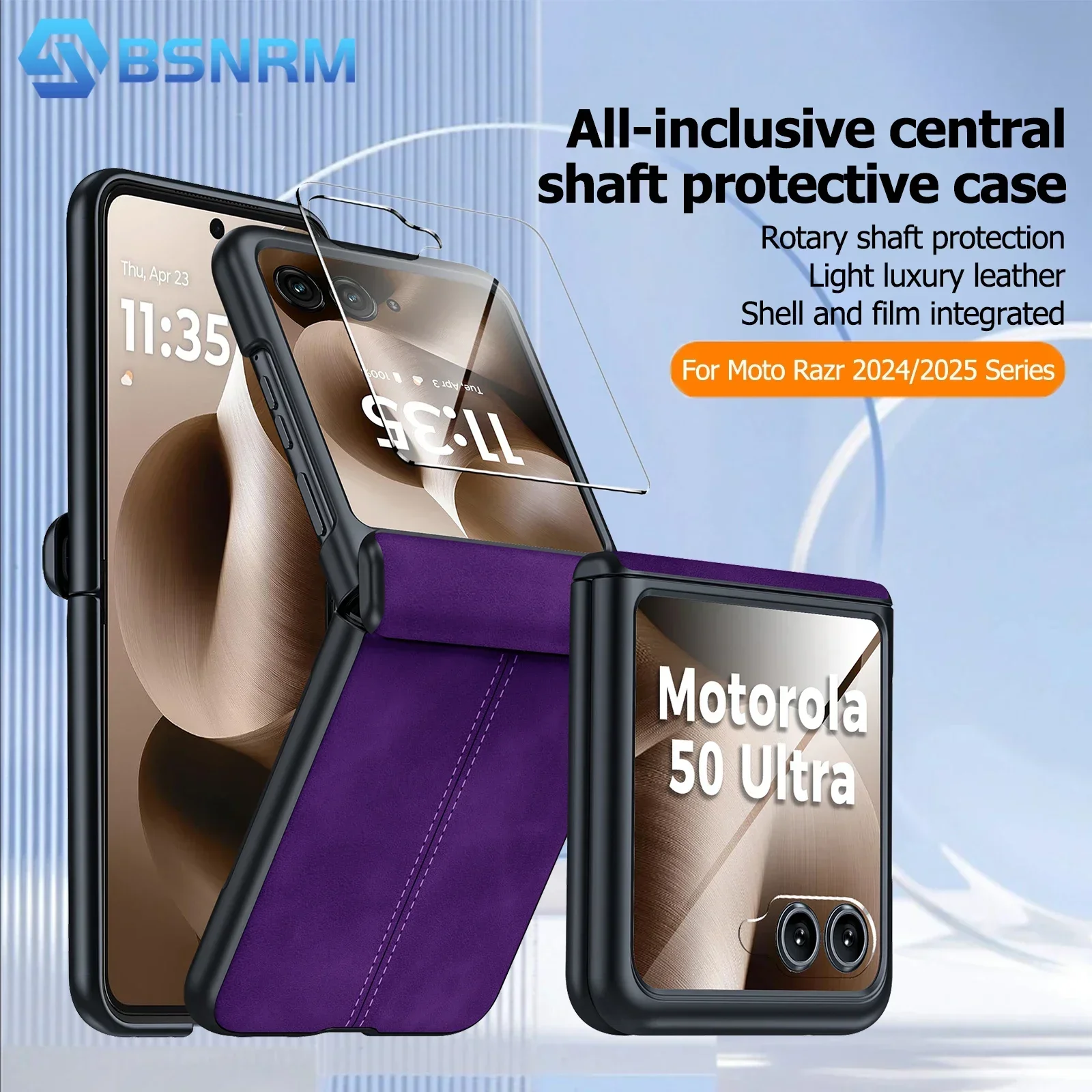 

Для Motorola Razr 2024/2025 матовый противоударный чехол из искусственной кожи для ПК, встроенная защита экрана и защита шарнира-фиолетовый