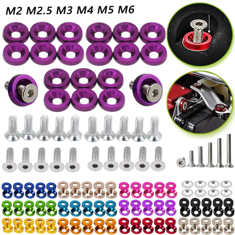 20pcs Car Modified Hex Fasteners Fender Washer Bumper Engine Concave Screws Aluminum Colorful Fender Washers and M2-M6 Bolt