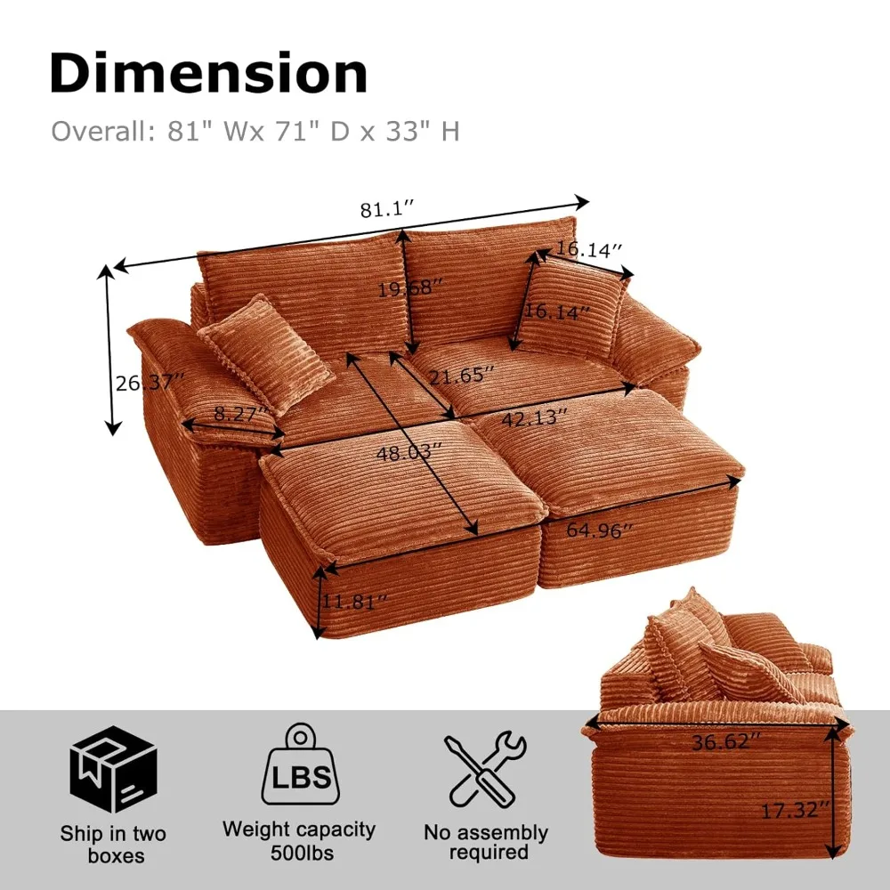 81" Boneless Loveseat with Removable Ottoman,Oversized Upholstered Sofa Bed with Pillows,Plush Faux Fur Lounge, Customized image 2