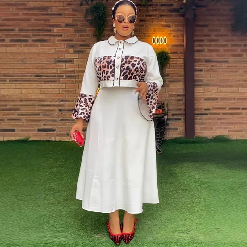 

Leopard Patchwork Maxi Dress Sets Womens 2 Piece Outfit Peter Pan Collar Flare Sleeve Crop Top + A-line Long Skirt Matching Sets