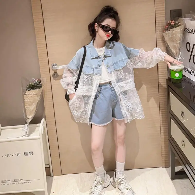 Girl Summer New Lace Patchwork Coat Children Thin Sunscreen Clothing Teenage Sweety Style Sun Protection Jacket Outerwear Wz1179