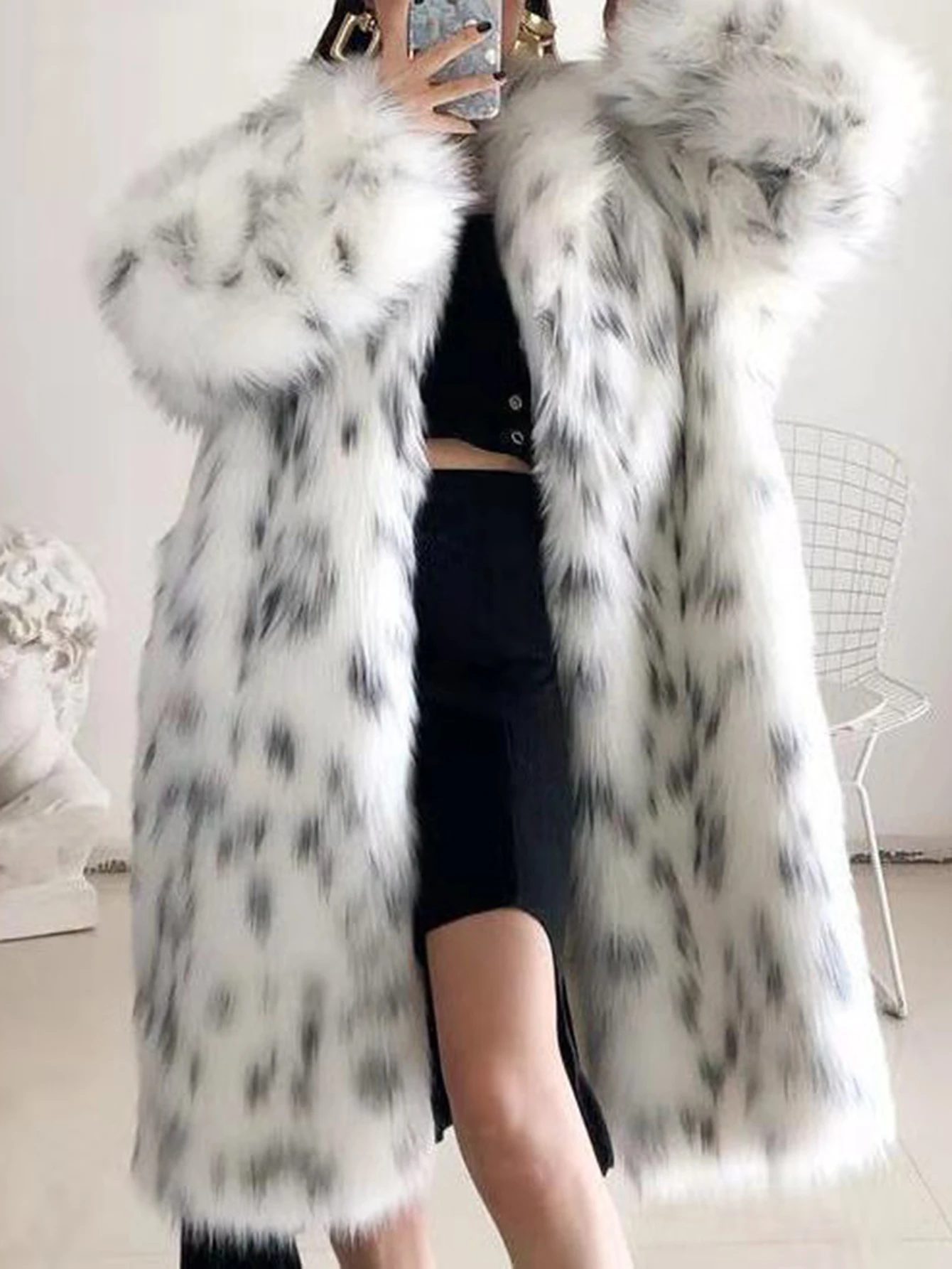 

UNIKTEE женское пальто в горошек с длинными рукавами и круглым вырезом, зимнее модное шикарное пальто свободного покроя ниже колена, милый стиль