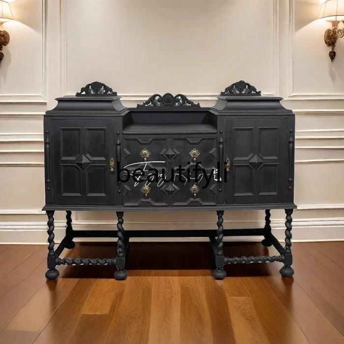 

French retro carved solid wood porch cabinet, living room storage, dining side cabinet