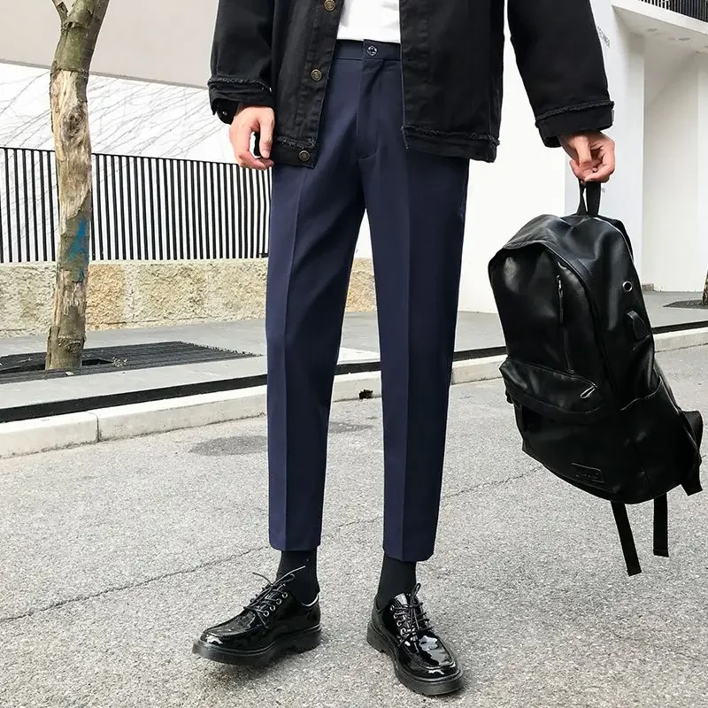 Fluid Trousers for Men Stretch Office Tressed 9 Cropped Draped Work Slim Fit Straight Elastic Baggy Man Suits Pants Anti-wrinkle