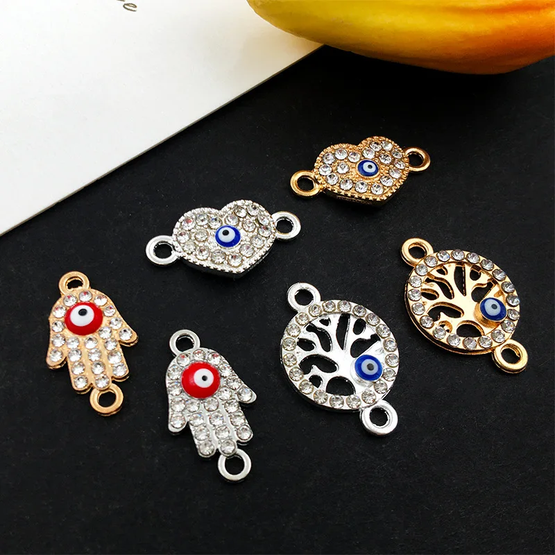 KC Silver Color Rhinestone Turkish Evil Eye Charm For Jewelry Making 2 Holes Connector DIY Bracelet Necklace Accessories Supply