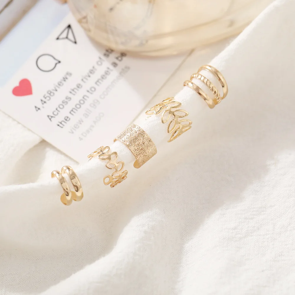 C Shape Clip On Cartilage Earrings 5 Piece Set Non Piercing Gold Leaf Hollow Layered Hypoallergenic Soft Lightweight Daily